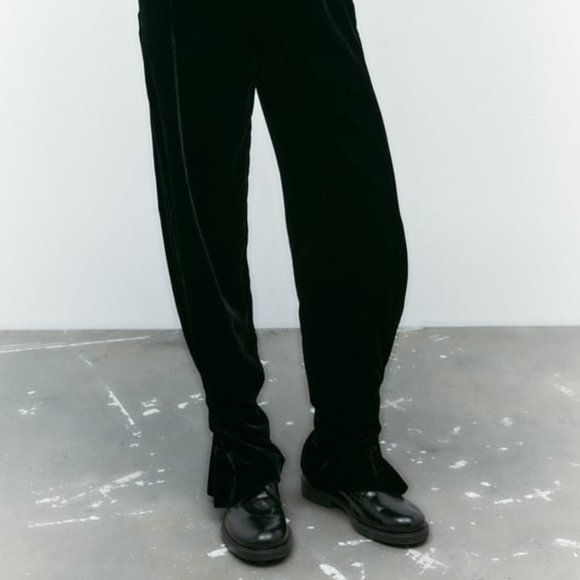 Zara High Waisted Long Velvet Gathered Ankle Trousers L - Picture 3 of 16